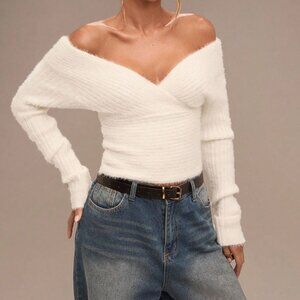 Apricot Casual Minimalist Women's Off-Shoulder Long Sleeve Sweater